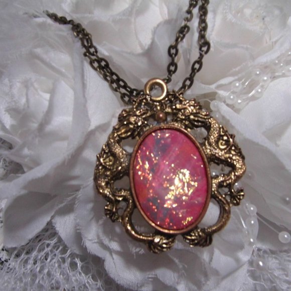 fancy fox Jewelry - PINK RAINBOW OPAL Dragon setting Necklace Cameo